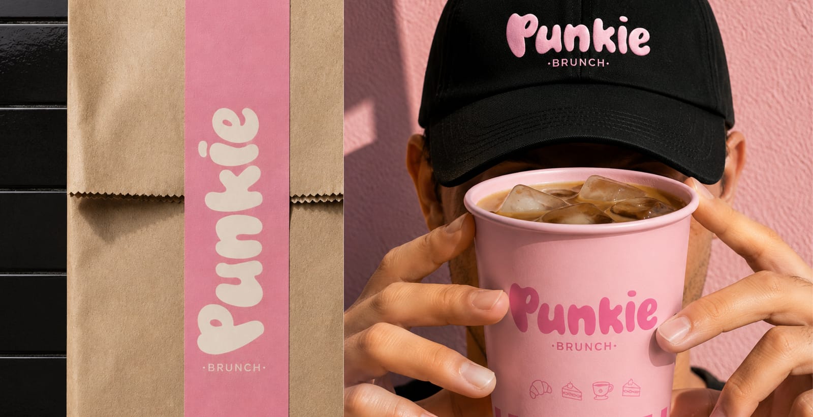 Bolsa de papel con faja rosa y gorra bordada
