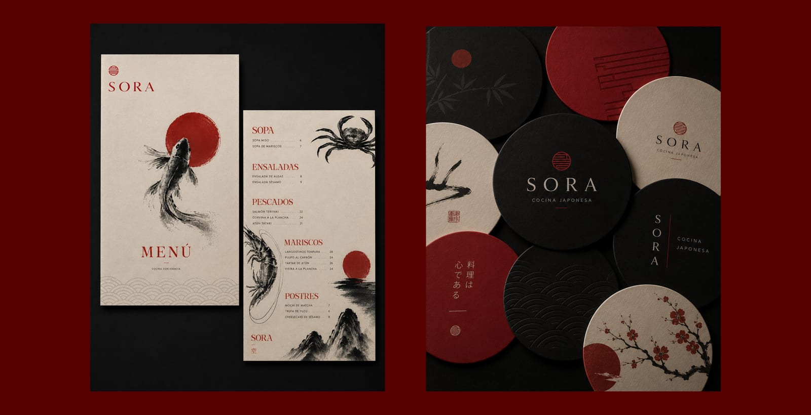 Carta y posavasos de SORA sobre fondo rojo