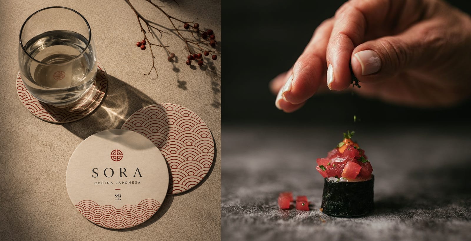 Posavasos de SORA junto a un vaso y un bocado de atún